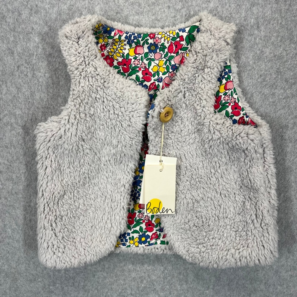 Boden Reversible‎ Vest Kids 18-24m Gray Floral Sherpa Fleece Borg Gilet NWT